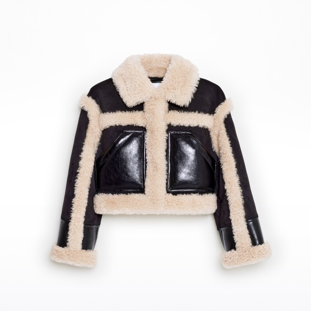 Stand Studio Black Faux Leather Shearling Edith Jacket Cropped 6/42 IT - Picture 3 of 5